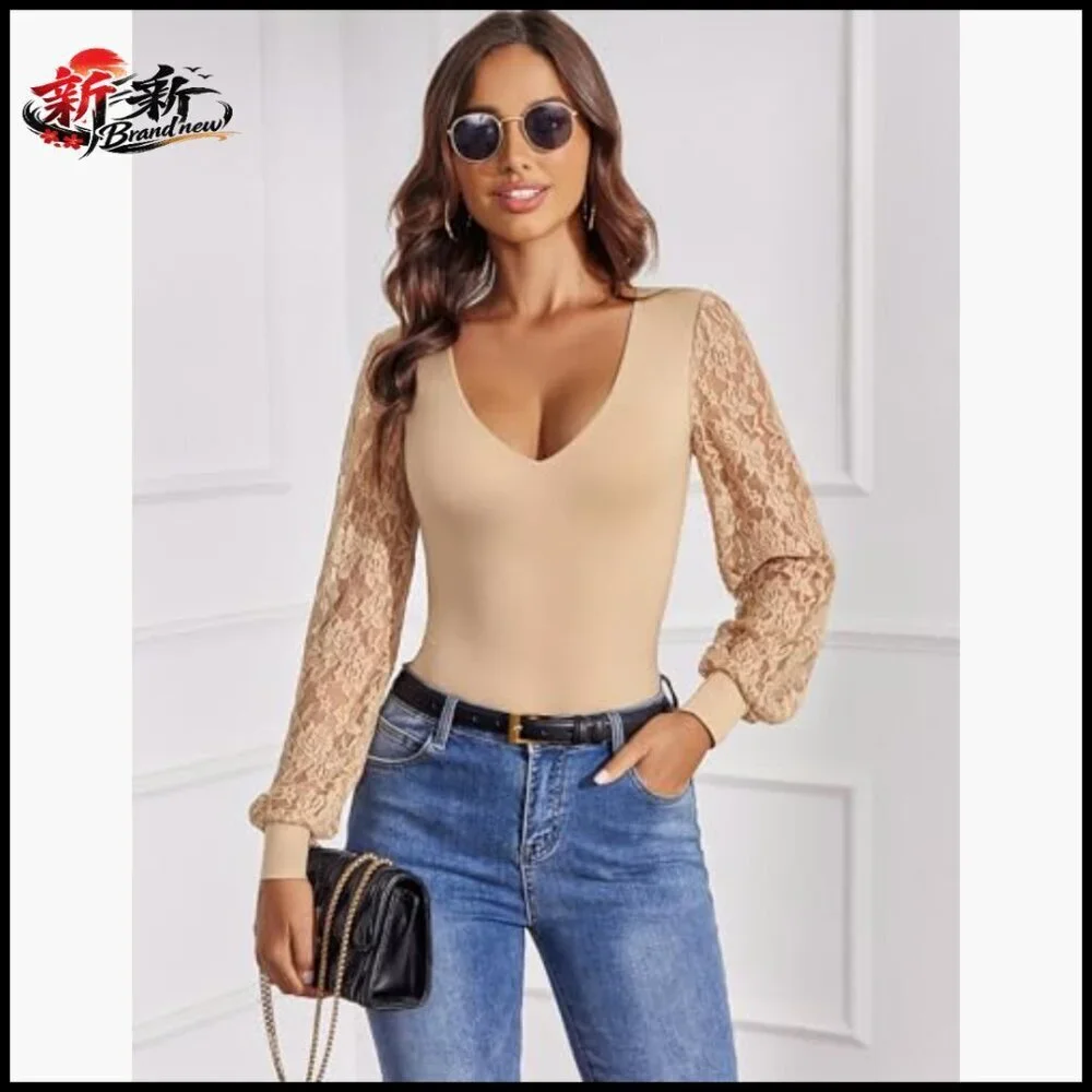 Long Sleeve Bodysuit Double Lined V Neck Lace Puff Sleeves Thong Leotard